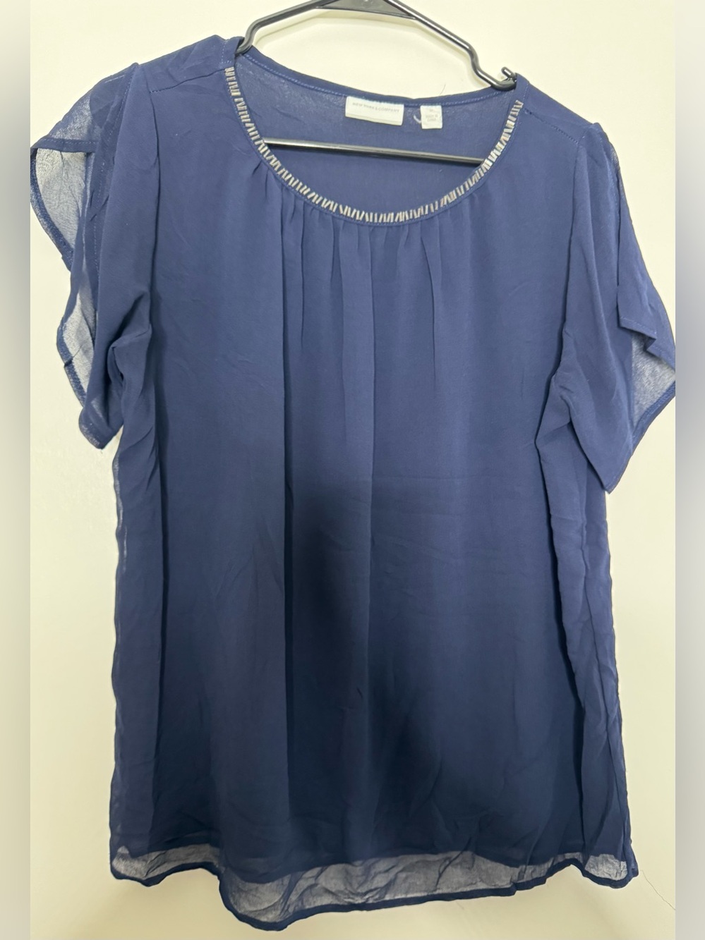 New York & Company Navy Pleated Short Sleeve Chiffon sheer Top beaded neckline M